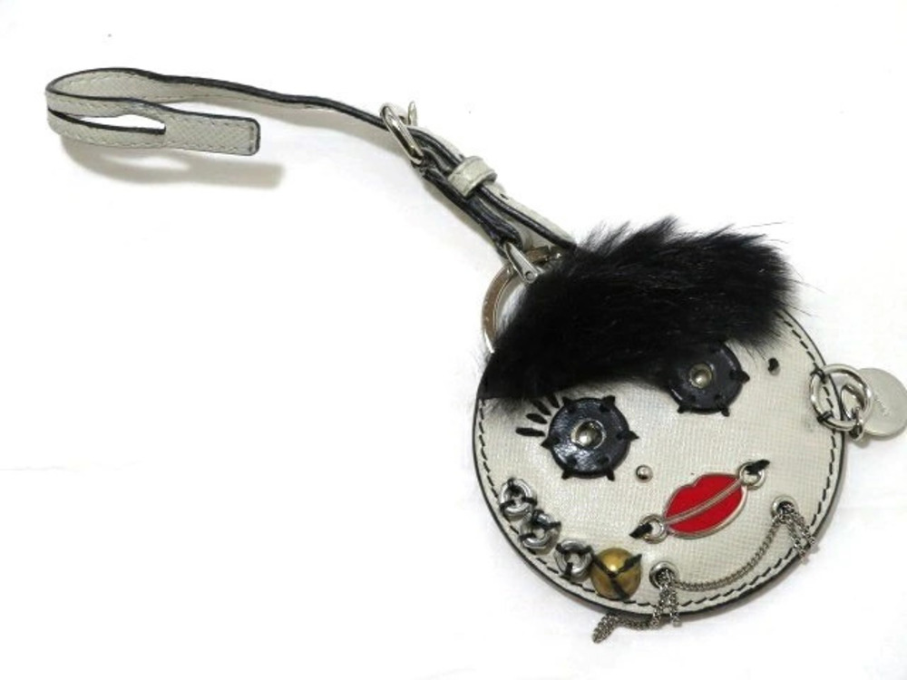 Prada accessories key ring bag mirror robot motif calfskin Saffiano white black
